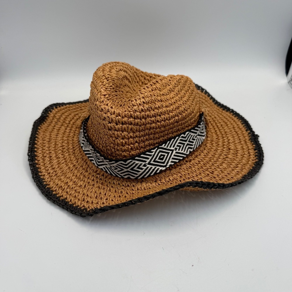 Echo Straw Beach Hat Tan Paper Sun Hat Geometric Band Black Trim One Size